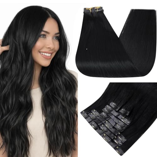Image of Full Shine Seamless Clip in Hair Extensions Human Hair, Jet Black, 14 Inch | Jet Black Invisible PU Weft, Silky Straight, for Fine Hair, Natural Volume, Everyday Volume with Lightweight 120g 8 Pcs