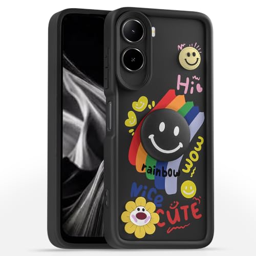 Image of Pikkme Back Cover for Mi Redmi A7 Pro /Poco C85x 5G / C81 | Soft Silicone| Cute Rainbow Smile & 3D Cartoon Flower Design | Shockproof Raised Camera Protection Bumper Case (Black)