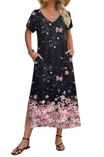 Image of Zeagoo Women Summer Floral Dress Short Sleeve Beach Dress with Pockets Casual V-Neck Split Long T-Shirt Dress Travel Vacation