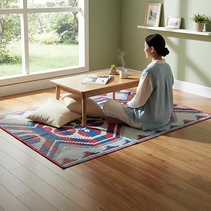 Image of Plastic Mats for Sleeping On Floor Sitting Reversible Chatai Square Shape Mats for Home Living Room, Bedroom Floor (6 x 6 Feet Mat)