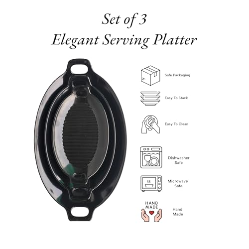 Image of Serving Platter | Melamine Snack Platter | Multi-Purpose Kitchen Serving Platter | Versatile Chip and Dip Tray for Snacks, Starters & Desserts | Lightweight & Dishwasher Safe | Set of 3 (BLACK)