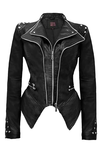 Olivia Miller Women's Fashion Faux Leather Biker Jacket Rivet Lapel Shaping Moto Outerwear
