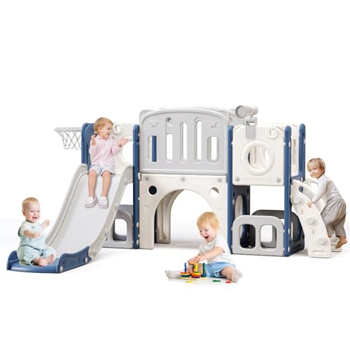 8 in 1 Toddler Slide,Kids Climber Slide with Storage Space and Non-Slip Steps,Indoor Outdoor Playset with Basketball Hoopa and Telescope,Slide for Toddlers Age 1-8 (White+Blue)