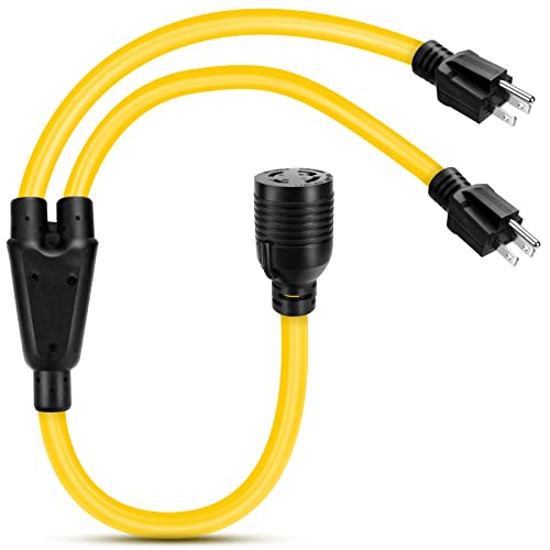 2X5-15 Plug Male to Generator Twist Lock L14-30 Receptacle Female Y Adapter Cord STW 3 Feet 120V/240V 30 Amp Generator Welder Dryer Power Cord Adapter,100% Copper Wire Conductor Inside.