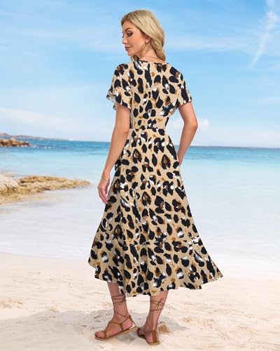 Image of AUSELILY Women Summer Midi Dresses Wrap Short Flutter Sleeve Elegant Dress | High Slit,High-waisted,Ruffled Hem,V-Neck,Fixed-strap Design,Skin-Friendly,Breathability,Wedding Guest Dresses
