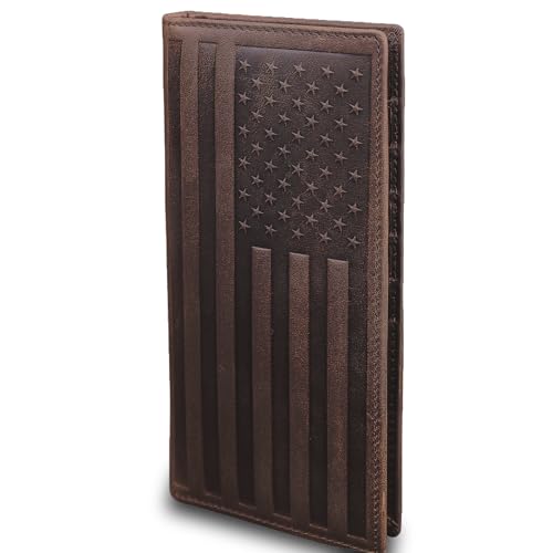 Image of DK86 US Flag Long Wallet For Men Full Grain Leather Rfid Blocking Rodeo Wallet Bifold Wallet American Flag Wallet (vintage coffee with us flag)