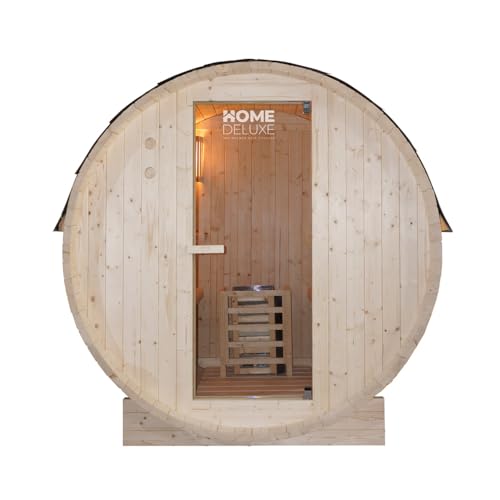 Home Deluxe - Outdoor Fasssauna Lahti M - Maße: BxTxH: ca. 185 cm x 120 cm x 185 cm, Holz: Fichtenholz - inkl. Saunaofen und Saunazubehör I Gartensauna, Außensauna, Sauna Fass für 2 Personen