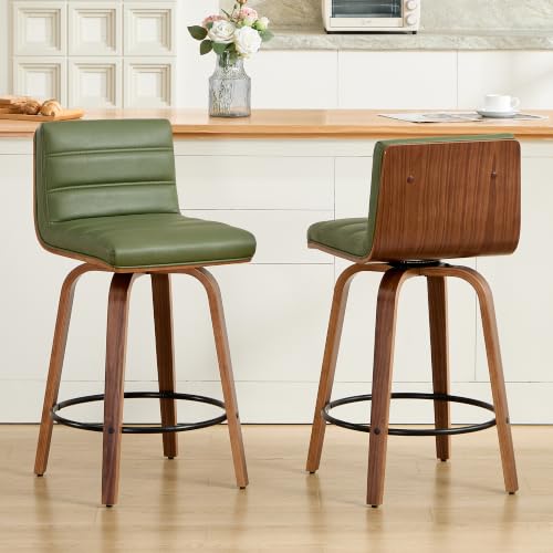 Image of Swivel Bar Stools Set of 2,26 inch Faux Leather Counter Height Barstools with Back,Mid Century Modern Upholstered Bar Chairs with Bentwood Legs Island Stools for Kitchen Counter Green