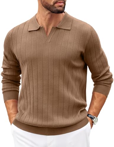 COOFANDY Mens Long Sleeve Polo Knit Sweater Collared Pullover Casual Golf Polo Sweaters Brown