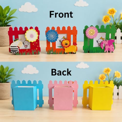 Image of GOLD LEAF Wooden Pen Stand with Photo Frame DIY Craft Kit for Kids, Multicolor Birthday Return Gifts, Desk Organizer, Paintable Wooden Pencil Holder, Pack of 6 (Fence)