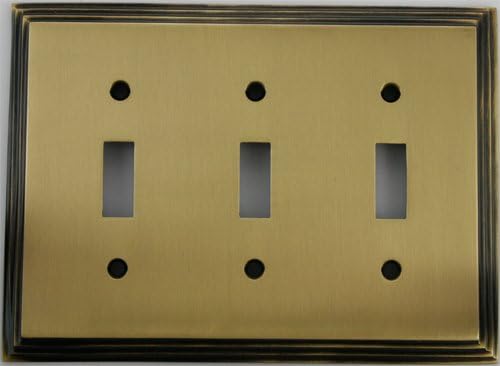 Deco Step Style Antique Brass 3 Gang Toggle Switch Wall Plate