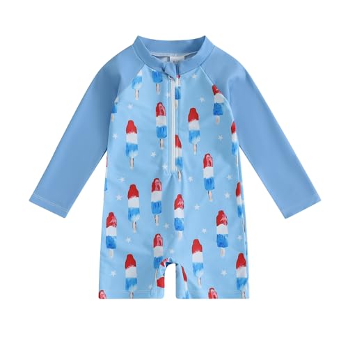 Toddler Baby Boy Rash Guard Swimsuit 4th of July Long Sleeve Zip UP One-Piece Bathing Suit Patriotic Summer Swimwear (A-Blue, 6-12 Months)