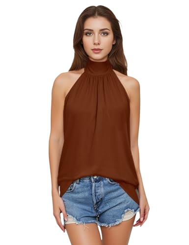 AliChan Womens Summer Sleeveless Mock Neck Halter Tank Tops Tie