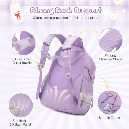 4pcs School Backpack for Girls, Girls Backpack with Lunch Box, Bento Box,Pencil Case, Cute Kawaii Plaid Book Bag for Teen Girl Kindergarten Elementary Preschool Middle High School, Purple4