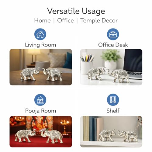 Image of Kalakriti Metal Elephant Statue Small Silver 2 pcs Set Enhance Your Home Car Office Table Article | Animal Decorative Showpiece Figurines for Best Gifting
