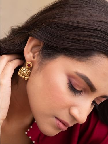 TARINIKA Antique Gold-Plated Indian Jhumka Earring for Women Brass CZ Temple Design Desi Dangle Jewelry Wedding Jewelry Ethnic Occasion Gift for Her2