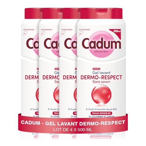 Cadum Maison Peaux Sensibles, Gel Lavant Dermo-Respect Sans Savon, Huile d'Amande Douce Bio, pH Neutre, Famille dès 3 ans, Lot de 4 x 500ml
