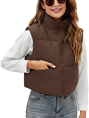 AKEWEI Womens Winter Sleeveless Jacket Coat Basic Crop Vest Stand Collar Waistcoat Zipper Coat Outerwear with Pockets (Brown,XS)