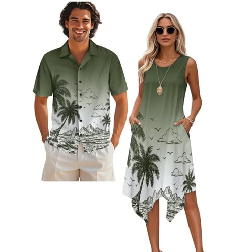 Belidome Hawaiian Matching Couples Outfits Green Tropical His and Her Beach Clothes Palm Tree Crew Neck Dress for Women Spring Sleeveless Dresses Workout Short Sleeve Shirts Men Button Down L