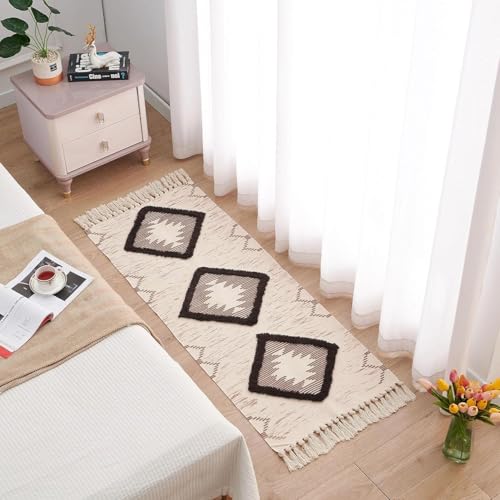 Image of Hand Woven 100% Natural Cotton Export Quality Designer Rug,Carpet, Bed Side Runner for Bedroom,Living Room, Size-2x5 feet or 60 cms x 152 cms (Brown Tuft)