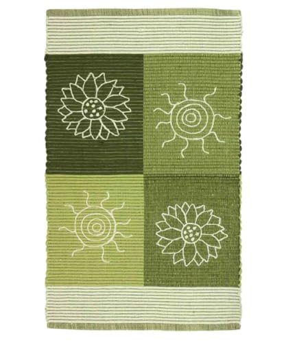 Pierre Tappeti Tappeto SUMMER VERDE disegno sole e fiori 100% cotone annodati a mano, tappetino stuoia bagno multiuso lavabile cm.50x80