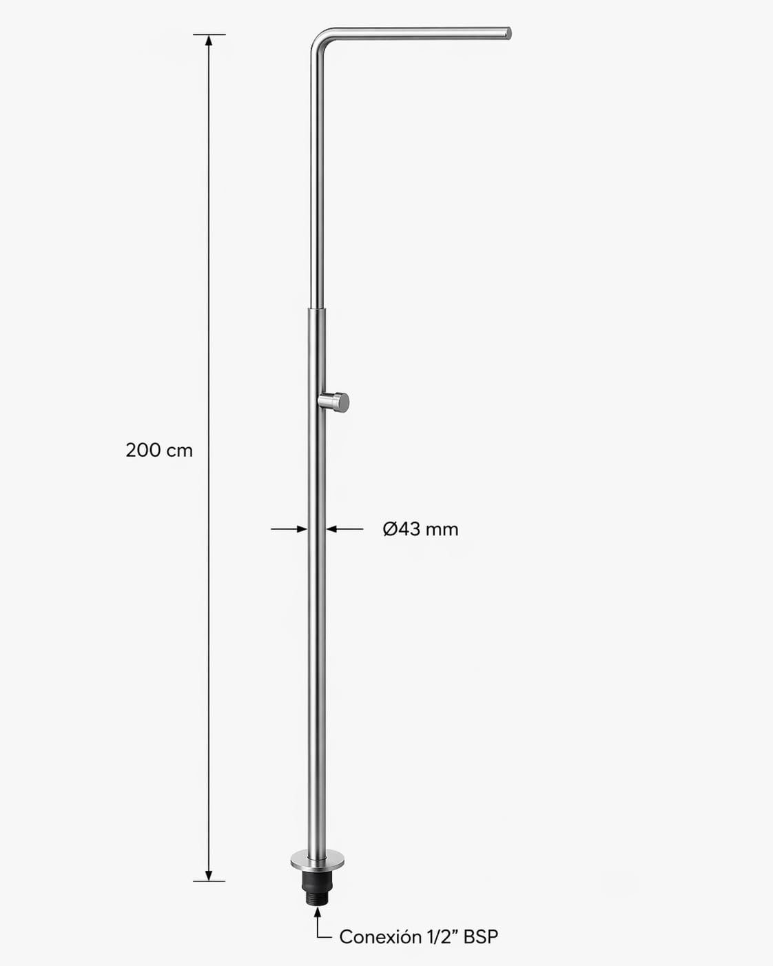 KURIL Ducha Exterior de Acero Inoxidable AISI-304 con rociador cilíndrico antical y pomo Zamak – Altura 2 m – Conexión 1/2” BSP – Uso residencial o Profesional