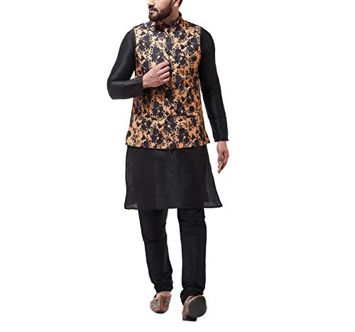 Image of SOJANYA (Since 1958 Men's Silk Blend Black Kurta Pyjama & Printed Nehrujacket Combo