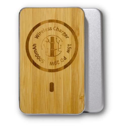 Batterie Externe à Induction Compatible MagSafe, 5000mAh USB C Charge Rapide jusqu'à 20W, Bois de Bambou Naturel, Charge sans Fil iPhone 12 13, AirPods Pro Cover
