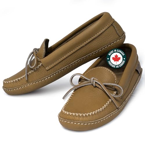 Laurentian Chief Moccasin Slippers for Men with Canada Quality Genuine Cowhide Leather Single Lacing and Padded Sole Durable Comfortable Stylish Indoor and Outdoor Moccasins for Men Slippers in