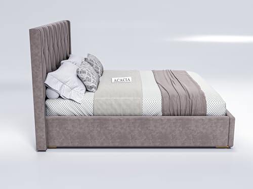 Image of Acacia Modern King Size Upholstered Bed with Box Storage for Bedroom | Wooden Double Bed with Storage | Platform Cot Bed with Upholstery Premium Fabric | 6.5 x 6 Ft | Sheesham Solid Wood | Brown Dust