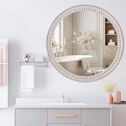 24 inches Decorative Round Wood Mirror with Bead, Rustic Farmhouse Circle Mirrors for Wall Decor, Living Room, Entryway, Bathroom Over Sink - Image 3