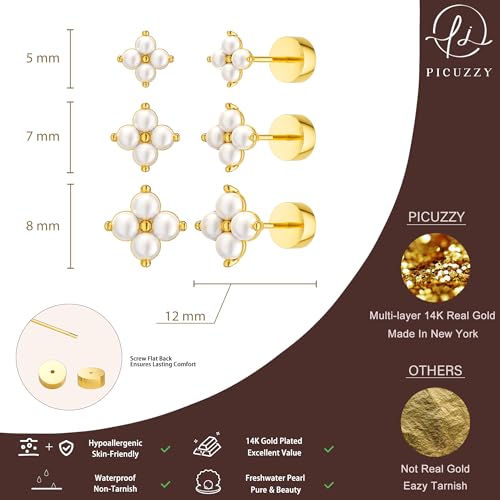 3 Pairs Gold Stud Earrings for Women - Hypoallergenic 14K Gold Plated Screw Flatback Small Earring Set for Multiple Piercing Dainty Tiny Trendy Jewelry for Women3