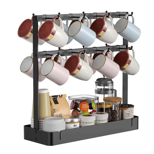 BSLVV Coffee Mug Holder Stand, 16 Cup Mug Tree Stand – 2 Tier Countertop Mug Holder with Storage Base, Metal Coffee Cup Organizer for Kitchen, Tea & Coffee Bar (Black)