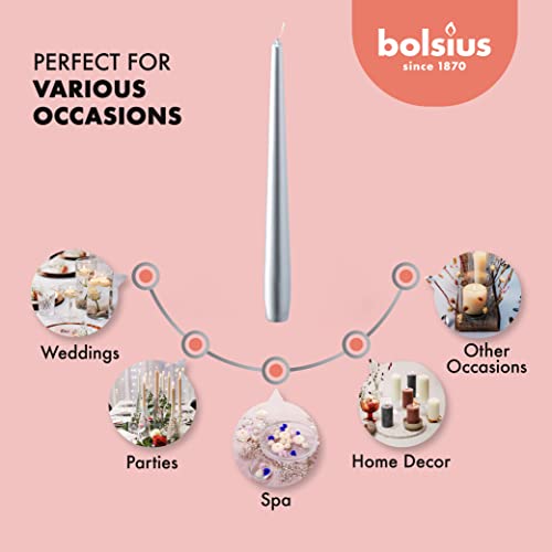 Bolsius Metallic Silver Taper Candles - 12 Pack Individually Wrapped 10 Inch Dinner Candle Set - 8 Burn Hours - Premium European Quality - Unscented Smokeless & Dripless Household Party Candlesticks #TOP3