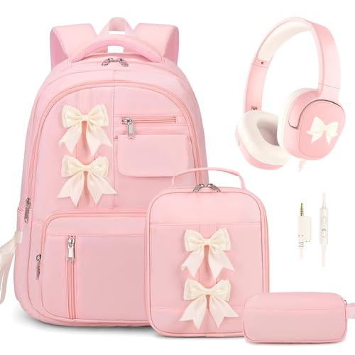 Bevalsa Backpack for Girls, Bow Kids Backpack with 3.5mm Wired Headphones