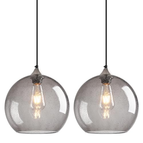 Image of Light Grey Glass Pendant Lights Kitchen Island Globe Pendant Light Fixtures Modern Pendant Lighting for Bedroom Living Dining Room Light Fixture (9.84 in, 2 Pack)