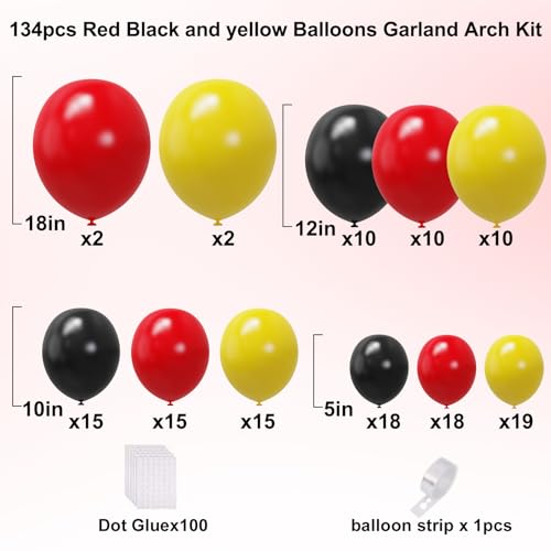 Image of YMSZ Red Black Yellow Balloons Arch Kit, 134Pcs Red and Yellow Latex Balloons for Birthday, Baby Shower, Graduation Party Decorations