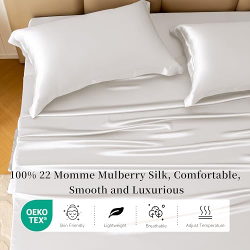 THXSILK Silk Sheet Set 4 Pcs, 22 Momme 100% Top Grade Natural Mulberry Silk Bed Sheets, Luxury Bedding Sets -Ultra Soft Durable, 1 Fitted Sheet, 1 Flat Sheet and 2 Pillow Shams (Queen, Cream White) - Image 3