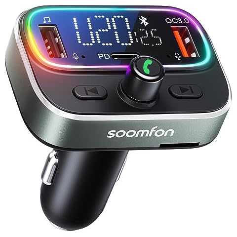 FM Bluetooth Transmitter Car - SOOMFON Enhanced Dual Mic V5.3 Bluetooth Car Adapter PD30W QC18W Car Charger 9 Color Lights Cover