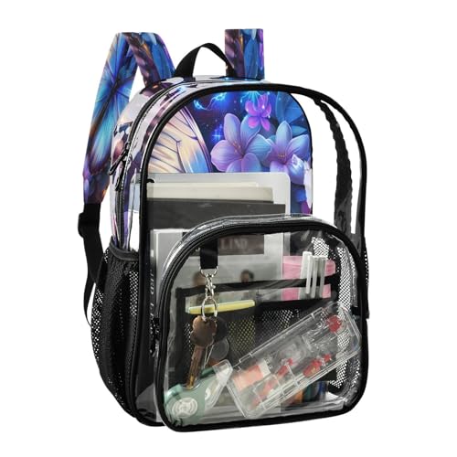 Neon Blue Butterfly Floral Print Clear Backpack Heavy Duty See Through Transparent PVC BookBag for Kids Boy Girl School Work2