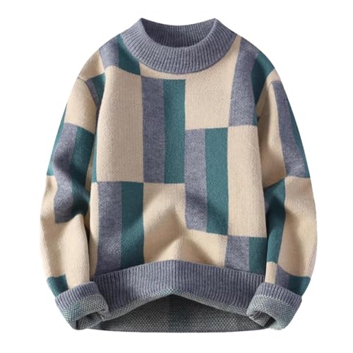 Men's Round Neck Sweater, Winter Thickened and Warm Bottom Sweater, Plaid Knit Sweater(2XL)