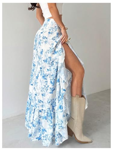 Floerns Women's Floral Maxi Skirts High Waisted Slit Tiered Ruffle Hem Long Skirts4