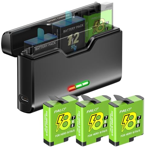 Palogreen 3 baterías Hero 8/7/6/5 con Cargador para Go Pro Hero 12/11/10/9/8/7/9/5, Cargador de batería de 3 Canales con Accesorios de batería, Carga rápida, Adecuado para Baja Temperatura