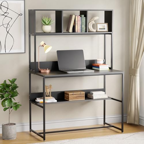 Image of Lukzer Wooden Study Table with Bookshelf & Hutch | MST-011 /Black & Black | Engineered Wood & Metal Office Desk with 3 Storage Shelf for Home | Writing & Computer Table for Laptop (105x103x50 cm)