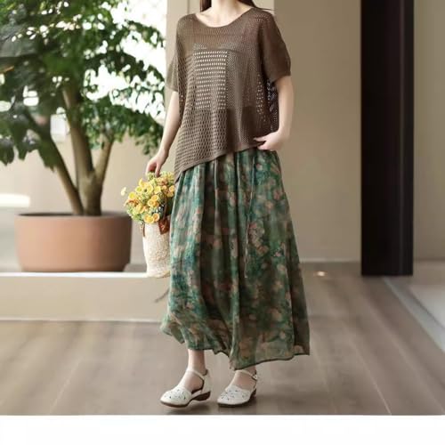 Women Floral High Waist Maxi Skirt Summer Flowy Boho Elastic Waist Mesh Long Skirt with Pockets3
