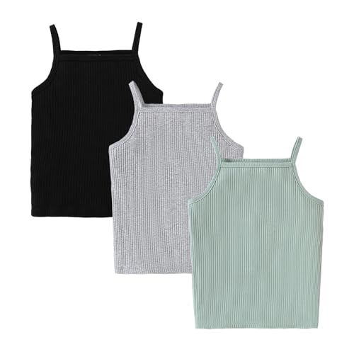 Image of ROMPERINBOX Toddler Tank Tops Girls Spaghetti Strap Ribbed Knit 3 Pack Sleeveless Casual Basic Cami Top for 12M-4T