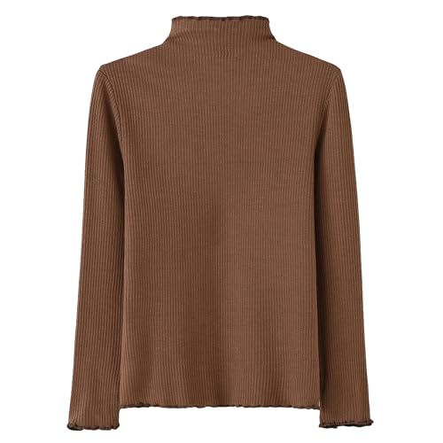 ACESTAR Girls Solid Lettuce Trim Mock Neck Shirt Long Sleeve Slim Fit Ribbed Knit Tee Ruffle Tops Soft Base Layer2