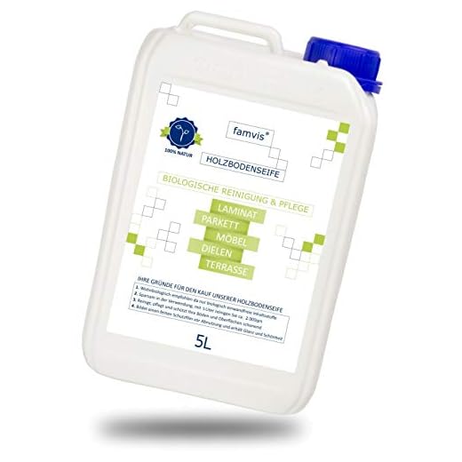 famvis Holzbodenseife Bodenreiniger für Holzboden Wischpflege auf Fußböden wie Laminat-Parkett, ein Wischwasser-Konzentrat Menge 5 Liter Produkt der Natur für Holzböden Möbel Terrasse
