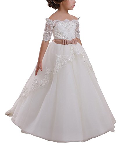 Lace Shining Flower Girls Pageant Dresses Half Sleeves Girls First Communion Ball Gowns Princess Wedding