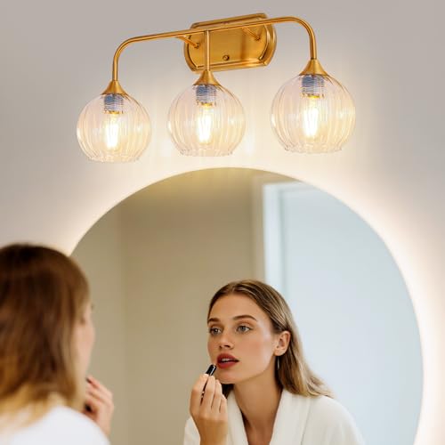 Image of MantoLite 3-Light Vintage Bathroom Vanity Light, Glass Shade Wall Lamp | Ribbed Clear Glass Bathroom Light Fixtures,Bathroom Wall Lamp for Mirror Kitchen Living Room Antique Bronze(Bulb excluded)